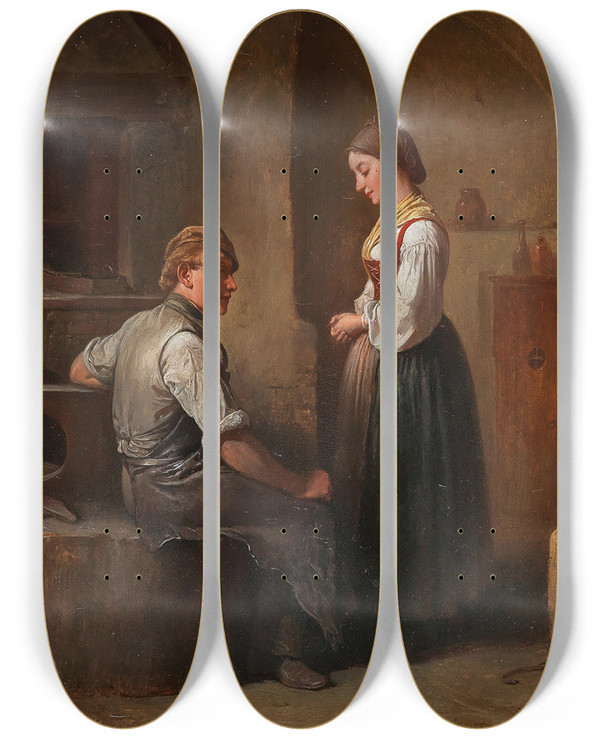Triptych art skateboard deck of Friedrich Friedlnder A Visit To The Smithy by Friedrich Friedlander (1825-1901)