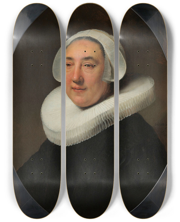 Triptych art skateboard deck of Rembrandt Van Rijn Portrait Of Haesje Jacobsdr Van Cleyburg by Rembrandt Van Rijn (1606-1669)