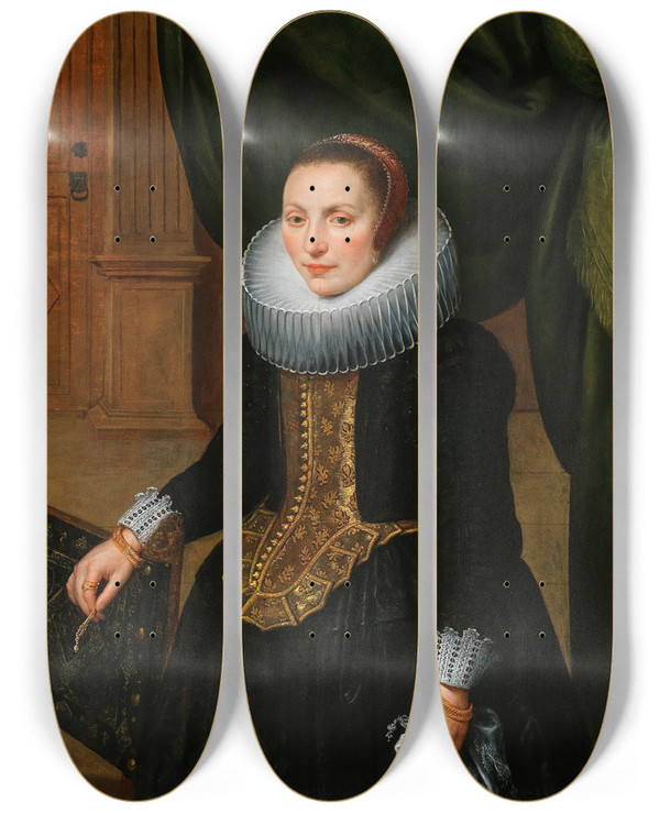 Triptych art skateboard deck of School Of Antwerp Portrait Of An Elegant Lady Standing By A Chair by Antwerp School