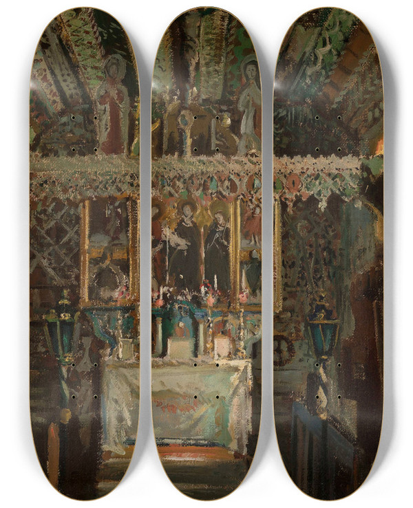 Triptych art skateboard deck of Leon Wyczkowski Interior Of The Church In Dbno by Leon Wyczolkowski (1852-1936)