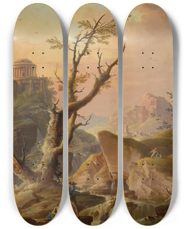 Triptych art skateboard deck of Charlesfranois Grenier De Lacroix An Italian Landscape With Figures by Charles Francois Grenier De Lacroix (1700-1782)