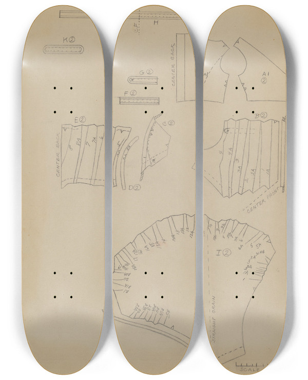 Triptych art skateboard deck of Jean Peszel Pattern For Dress_1 by Jean Peszel