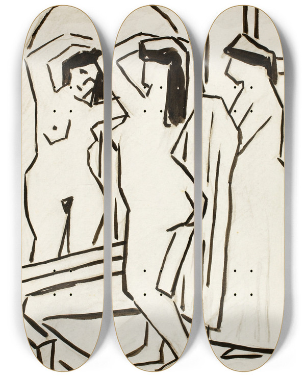 Triptych art skateboard deck of Carl Newman Girl Arranging Hair by Carl Newman (1858-1932)