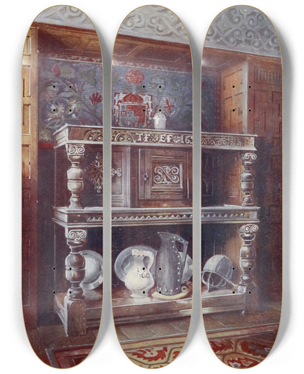 Triptych art skateboard deck of Edwin Foley Court Cupboard Buffet by Edwin Foley (1859-1912)