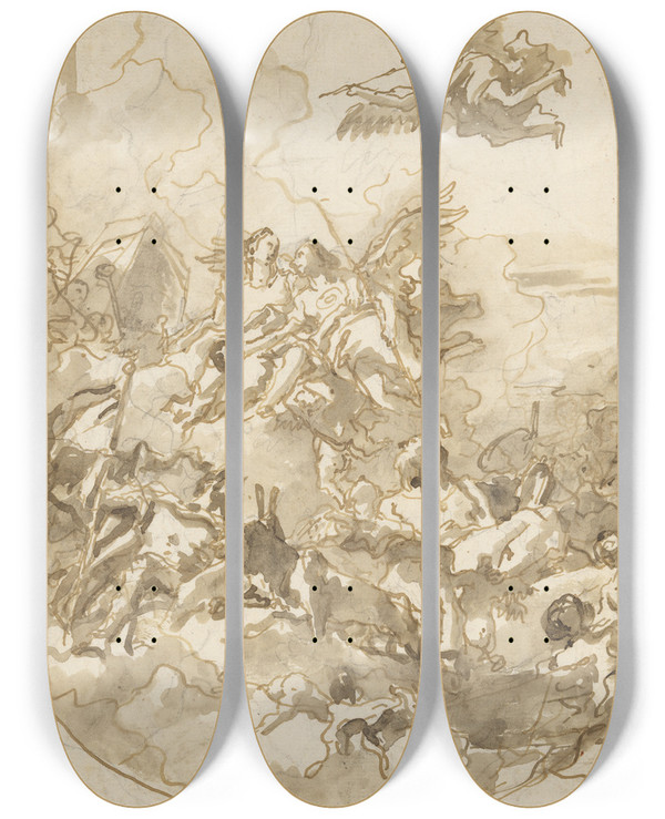 Triptych art skateboard deck of Giovanni Domenico Tiepolo Sketch For A Ceiling With An Allegory Of Fortitude And Wisdom by Giovanni Domenico Tiepolo (1727-1804)