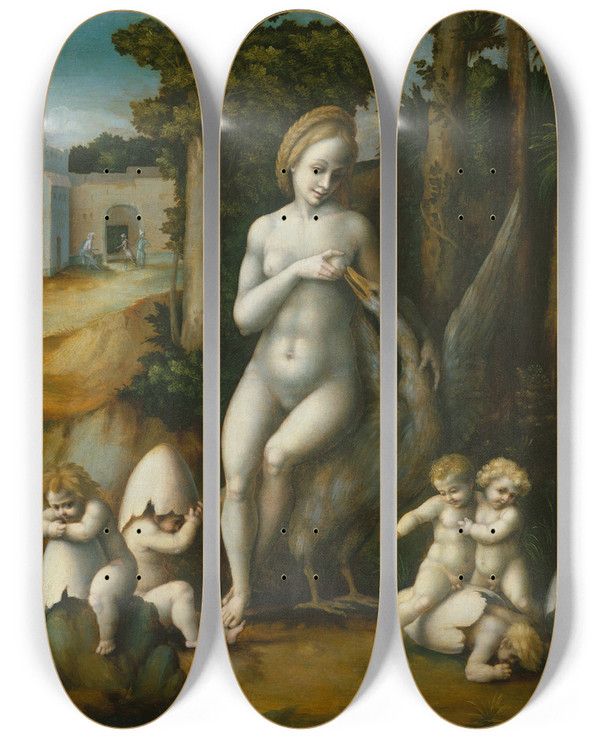 Triptych art skateboard deck of Bacchiacca Leda And The Swan by Bacchiacca (1494-1557)