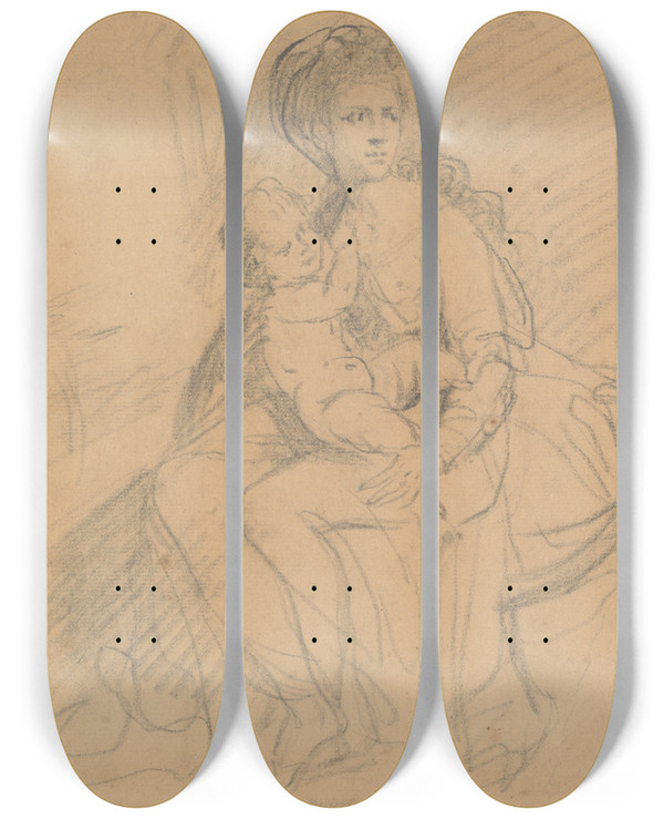 Triptych art skateboard deck of Sir Joshua Reynolds Study Of A Woman And Child by Sir Joshua Reynolds (1723-1792)