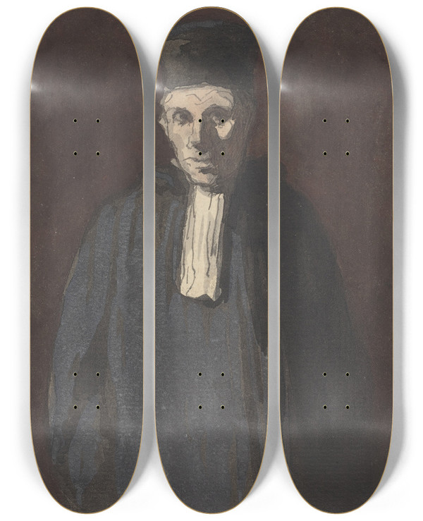 Triptych art skateboard deck of Honor Daumier Prosecutor by Honore Daumier (1808-1879)