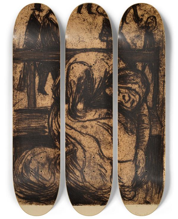 Triptych art skateboard deck of Edvard Munch Elderly Woman On A Bench by Edvard Munch (1863-1944)