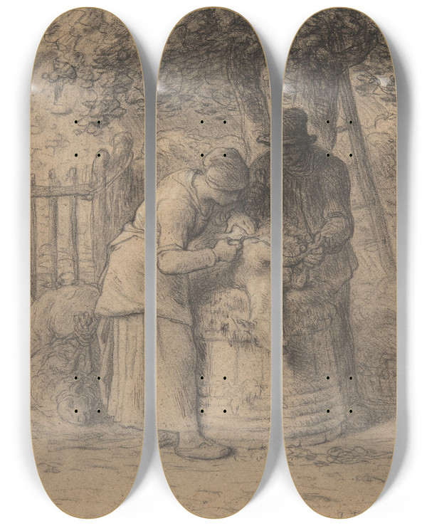Triptych art skateboard deck of Jeanfranois Millet Sheepshearing Beneath A Tree by Jean-Franois Millet (1814-1875)