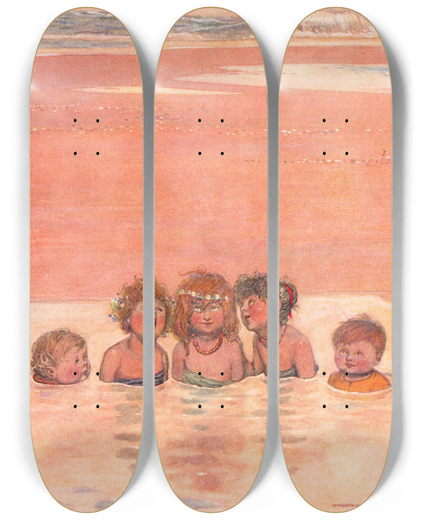 Triptych art skateboard deck of William Heath Robinson Harmless Indeed Were Our Joys by William Heath Robinson (1872-1944)