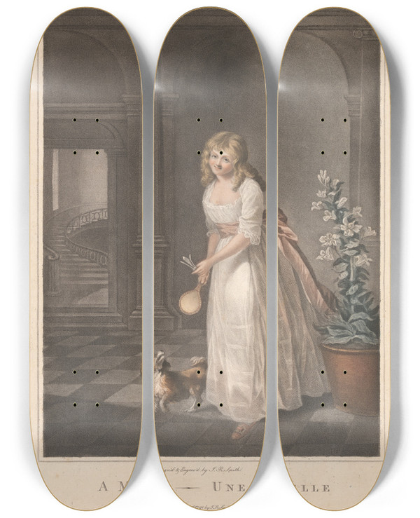 Triptych art skateboard deck of John Raphael Smith A Maid Une Pucelle by John Raphael Smith (1752-1812)