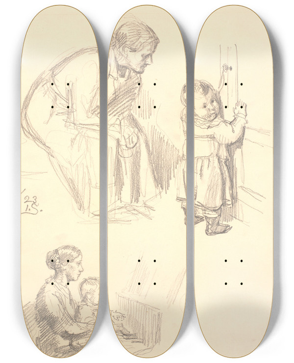Triptych art skateboard deck of Joakim Skovgaard To Figurstudier Verst En Siddende Kvinde Som Iagttager Et Barn Ved En Dr Nederst En Kvinde Med Et Banr Ved Klaveret by Joakim Skovgaard (1856-1933)