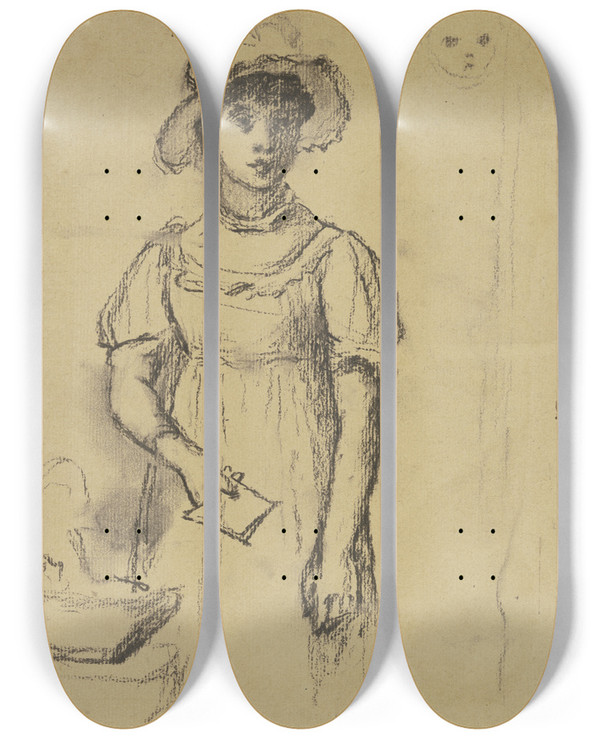 Triptych art skateboard deck of Otto Scholderer Stehendes Mdchen Mit Brief by Otto Scholderer (1834-1902)