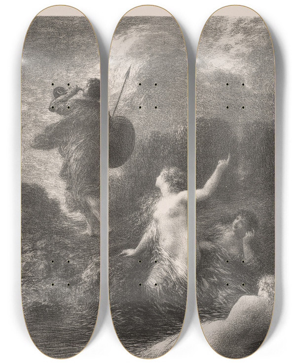 Triptych art skateboard deck of Henri Fantinlatour Twilight Of The Gods Siegfried And The Rhine Maidens by Henri Fantin-Latour (1836-1904)