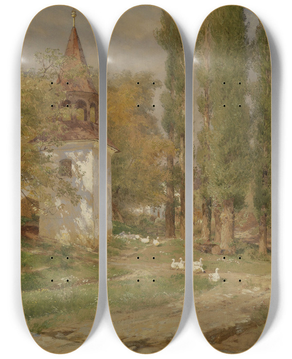 Triptych art skateboard deck of Hugo Darnaut Aus Einem Mhrischen Dorfe by Hugo Darnaut (1850-1937)