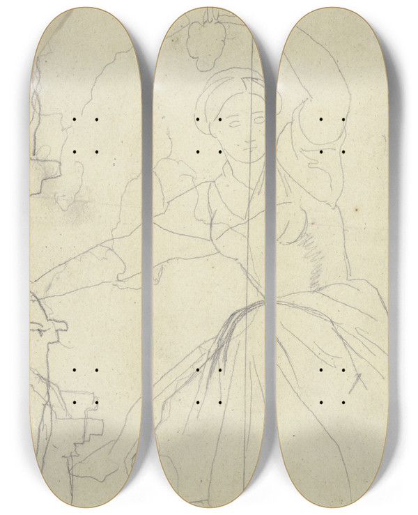 Triptych art skateboard deck of Jakob Becker Grape Picker Female_2 by Jakob Becker (1810-1872)