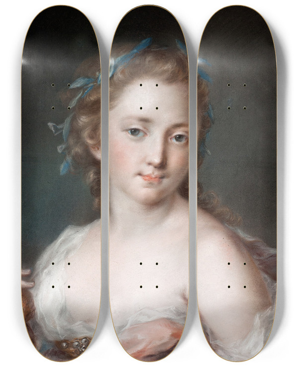 Triptych art skateboard deck of Rosalba Carriera Young Woman With A Wreath Of Laurels by Rosalba Carriera (1675-1757)