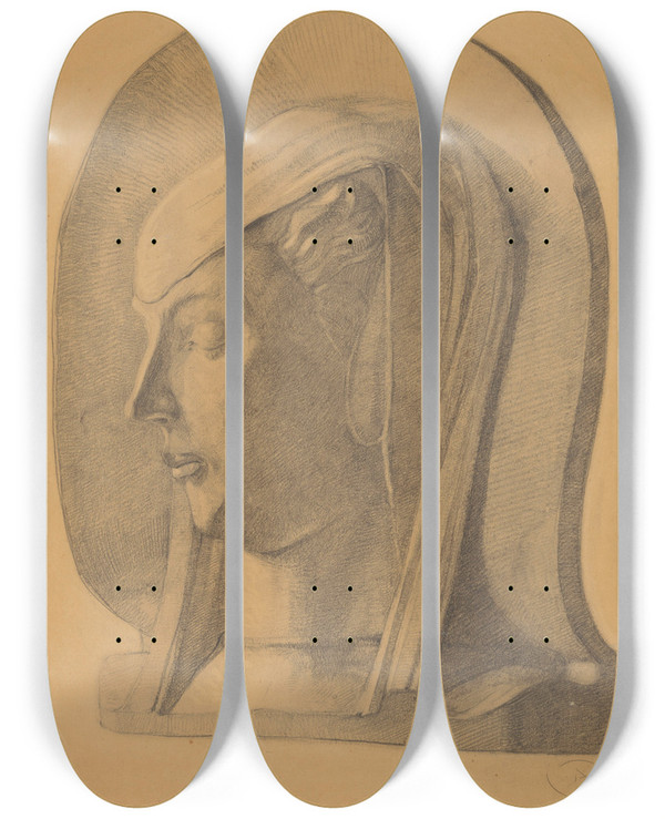 Triptych art skateboard deck of Dick Ket Kop Van Een Vrouw Naar Een Houten Relief by Dick Ket (1902-1940)