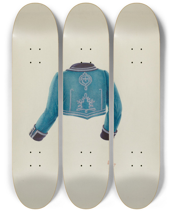 Triptych art skateboard deck of Hal Blakeley Coat by Hal Blakeley