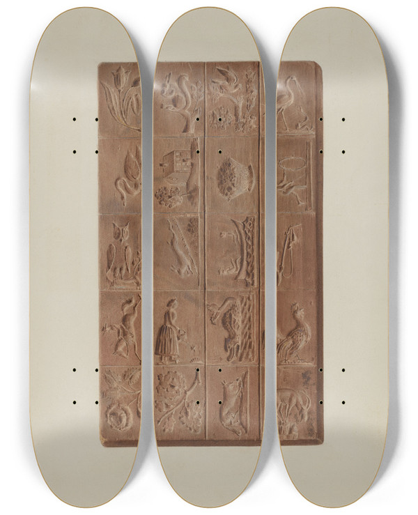 Triptych art skateboard deck of Fritz Boehmer Springerle Board For Christmas Cakes by Fritz Boehmer