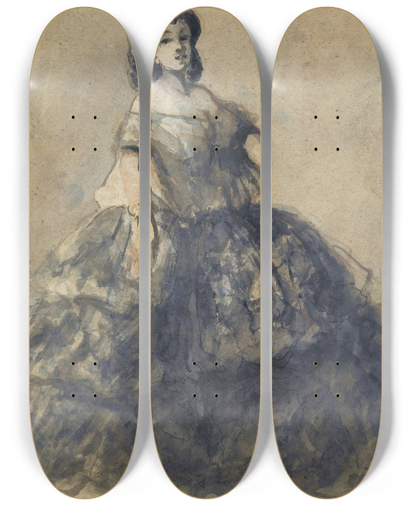 Triptych art skateboard deck of Constantin Guys Jeune Femme En Crinoline by Constantin Guys (1805-1892)