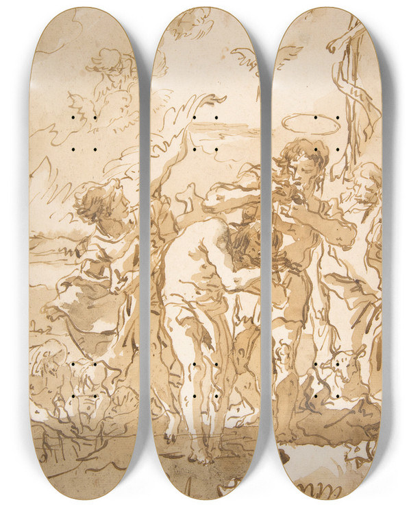 Triptych art skateboard deck of Giovanni Domenico Tiepolo The Baptism Of Christ by Giovanni Domenico Tiepolo (1727-1804)