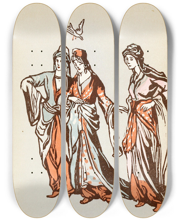 Triptych art skateboard deck of Willy Pogany Fortyfour Turkish Fairy Tales Pl 13 by Willy Pogany (1882-1955)