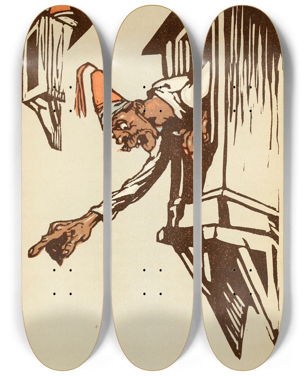 Triptych art skateboard deck of Willy Pogany Fortyfour Turkish Fairy Tales Pl 30 by Willy Pogany (1882-1955)