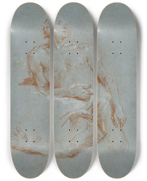 Triptych art skateboard deck of Giovanni Battista Tiepolo Male Nude Leaning On His Elbow Verso by Giovanni Battista Tiepolo (1696-1770)