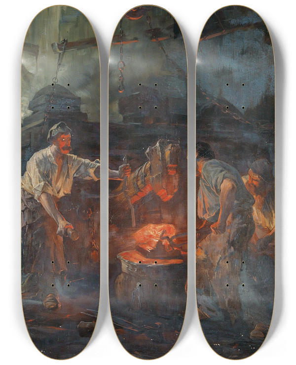 Triptych art skateboard deck of Friedrich Von Keller In The Hammer Mill by Friedrich Von Keller (1840-1914)