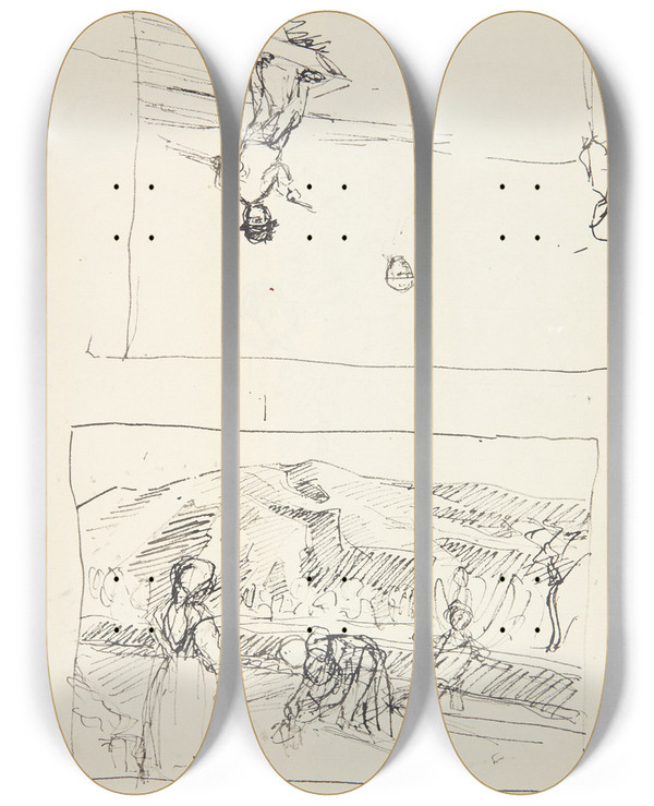 Triptych art skateboard deck of Peter Hansen To Udkast Med Frger by Peter Hansen (1868-1928)