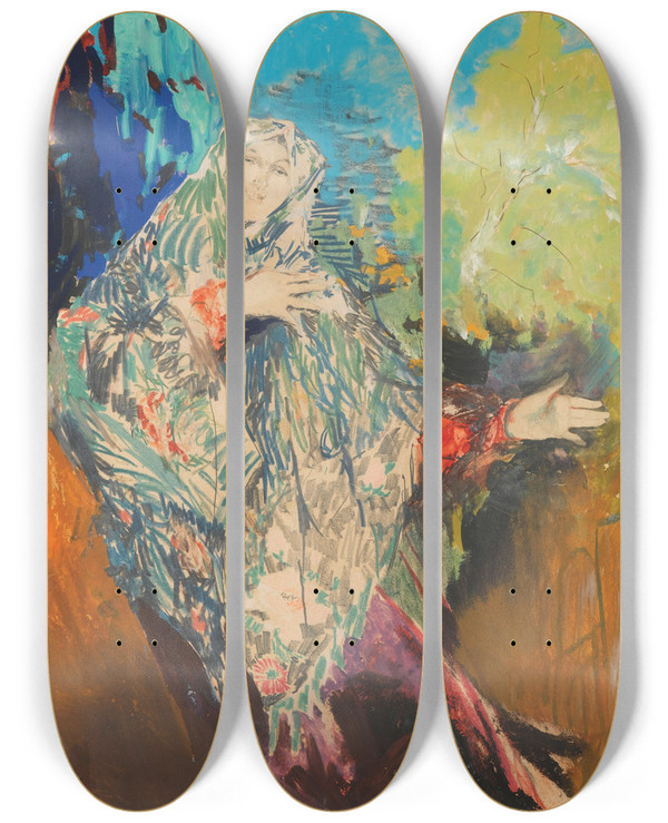 Triptych art skateboard deck of Filipp Malyavin Dancing Peasant Woman In A Colourful Shawl by Filipp Malyavin (1869-1940)