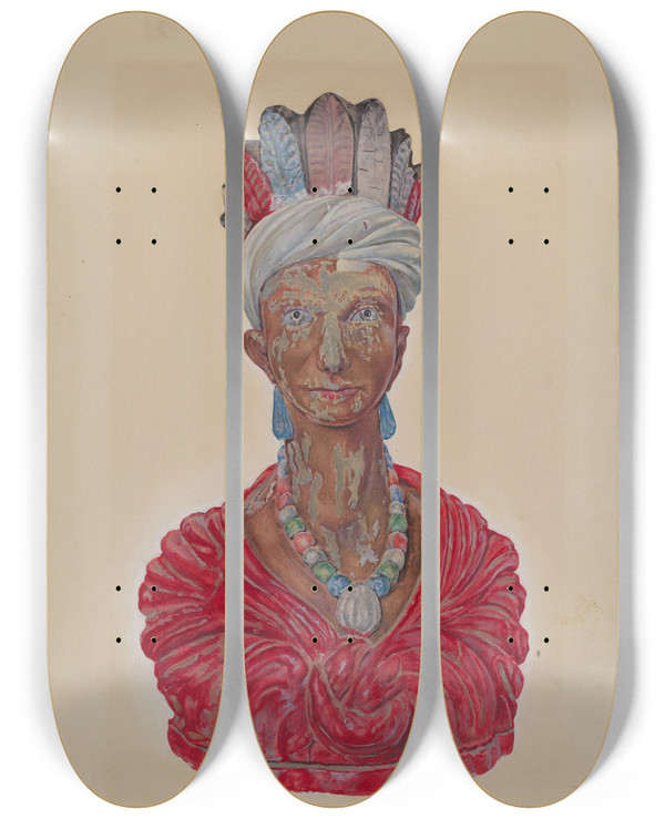 Triptych art skateboard deck of David Ramage Wooden Indian Bust_1 by David Ramage