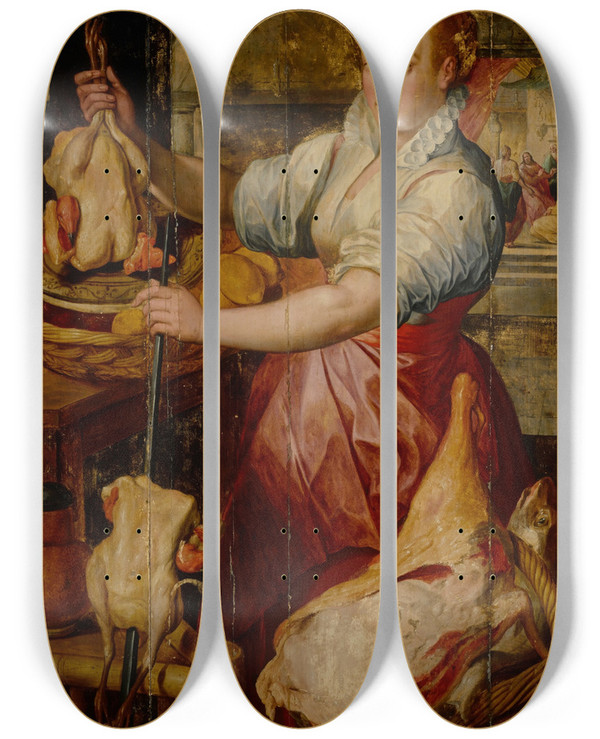 Triptych art skateboard deck of Workshop Of Joachim Beuckelaer Kitchen Maid Preparing Meat With Christ In The House Of Mary And Martha Beyond by Workshop Of Joachim Beuckelaer (1533-1570)