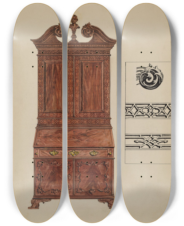 Triptych art skateboard deck of Isadore Goldberg Secretary by Isadore Goldberg