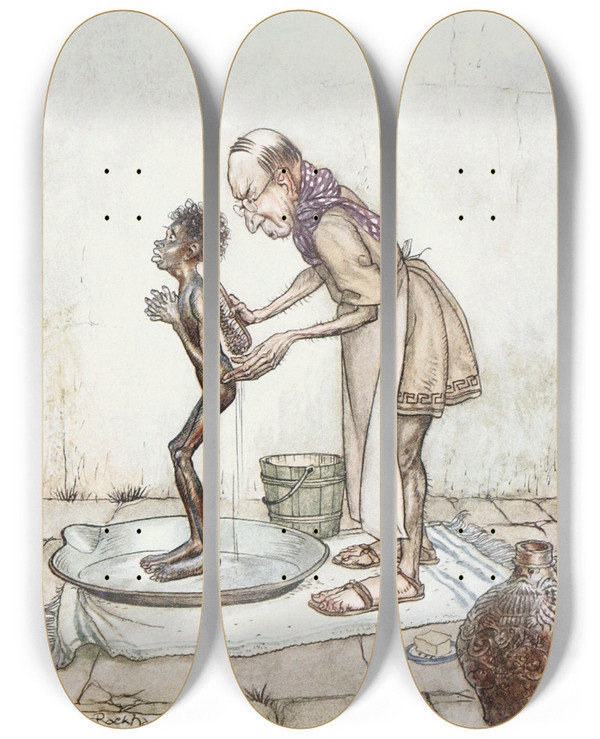 Triptych art skateboard deck of Arthur Rackham The Blackamoor by Arthur Rackham (1867-1939)