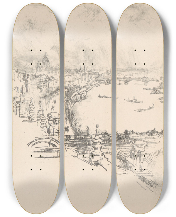 Triptych art skateboard deck of James Abbott Mcneill Whistler Little London by James Abbott Mcneill Whistler (1834-1903)