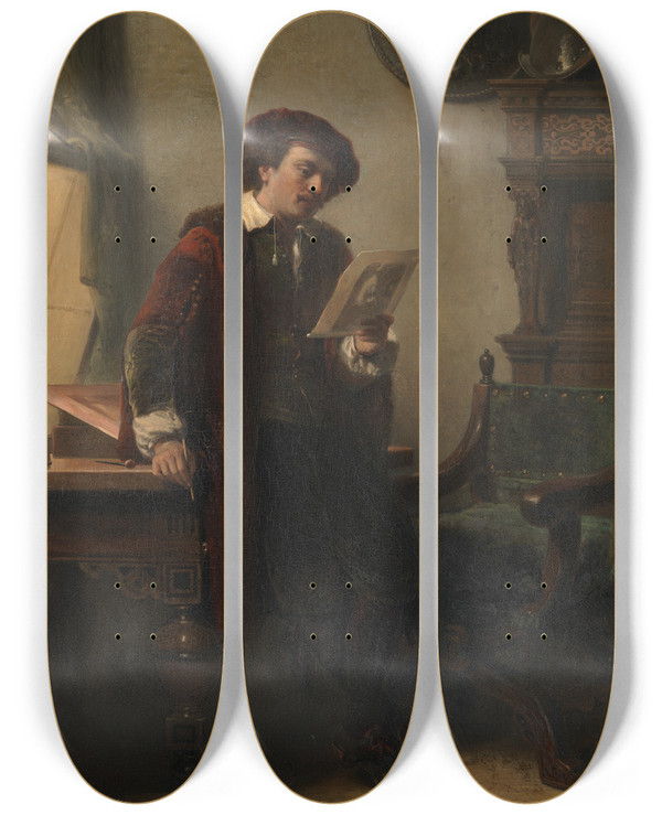Triptych art skateboard deck of Nicolaas Pieneman Rembrandt In His Studio by Nicolaas Pieneman (1809-1860)