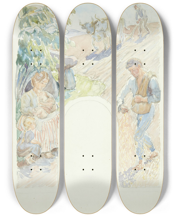 Triptych art skateboard deck of Peter Hansen Landbruget Udkast Til Ptnkt Freske I Faaborg by Peter Hansen (1868-1928)