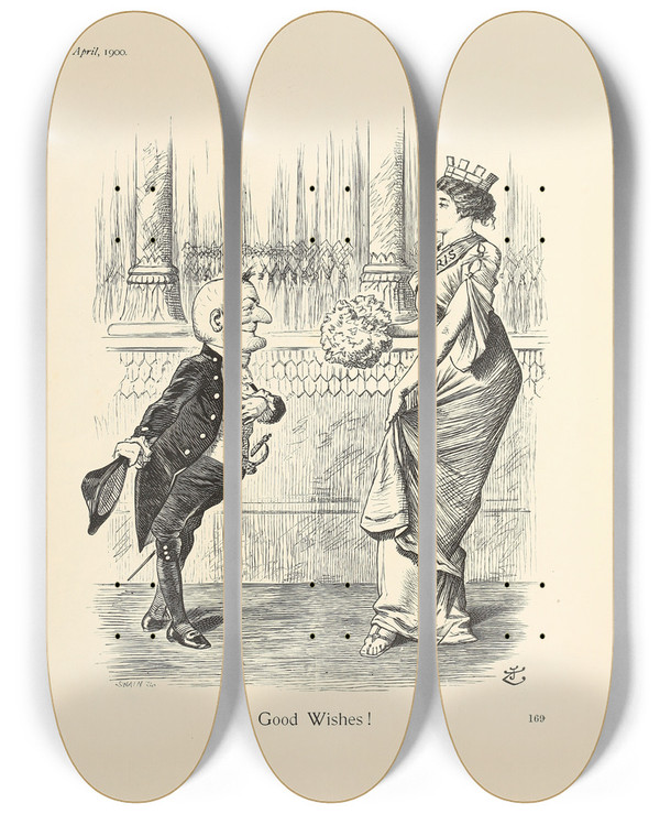 Triptych art skateboard deck of Sir John Tenniel Good Wishes by Sir John Tenniel (1820-1914)