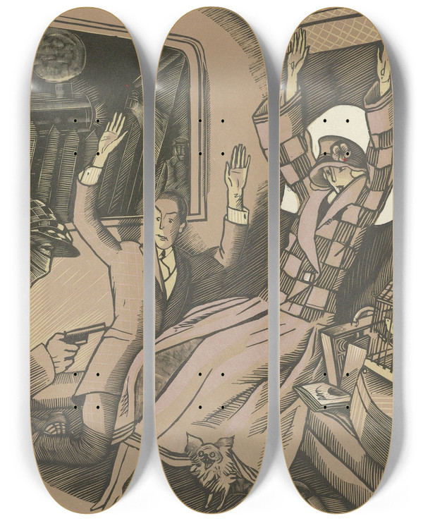 Triptych art skateboard deck of Fernand Simon Lattentat by Fernand Simeon (1884-1928)