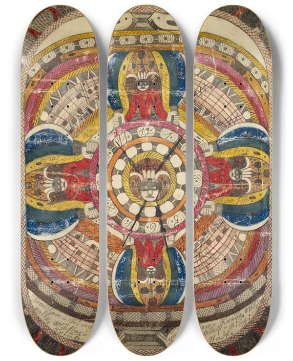 Triptych art skateboard deck of Adolf Wlfli Chrooslenringkoralle Merroosenkreutz Und Glokenkreuz Ottiliawaldskt Adolfring Riisenstadt by Adolf Wolfli (1864-1930)
