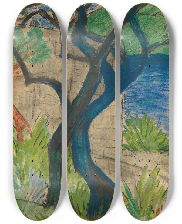 Triptych art skateboard deck of Otto Mueller Flussufer Mit Blauem Baum by Otto Mueller (1874-1930)
