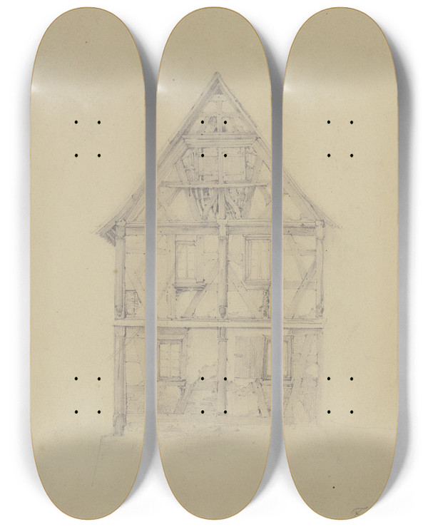 Triptych art skateboard deck of Jakob Frchtegott Dielmann Altes Haus Mit Schnem Fachwerk by Jakob Furchtegott Dielmann (1809-1885)