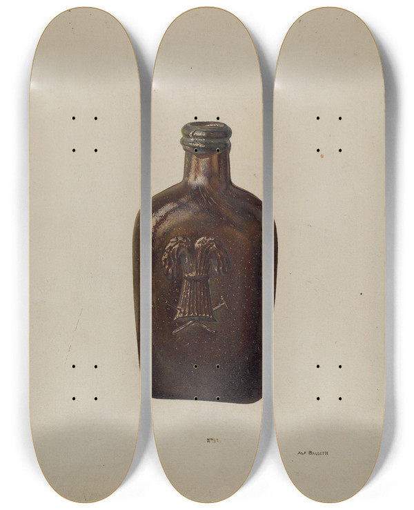 Triptych art skateboard deck of Alf Bruseth Whiskey Flask by Alf Bruseth