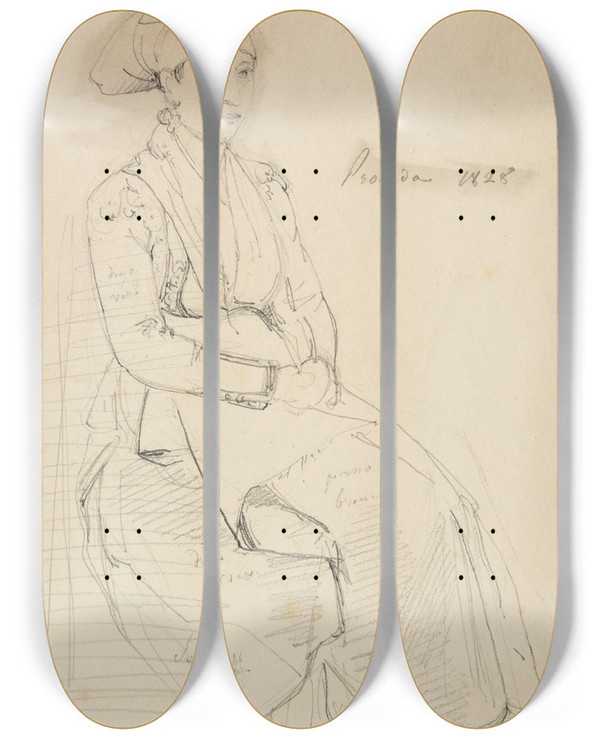 Triptych art skateboard deck of Jacquesraymond Brascassat Tude De Femme Assise_1 by Jacques Raymond Brascassat (1804-1867)