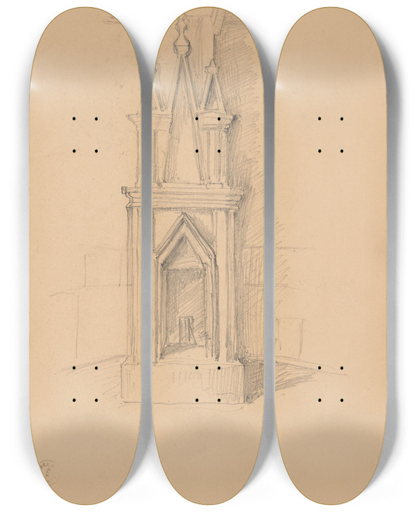 Triptych art skateboard deck of Jzef Simmler Sketch Of The Ruins Of The Castle In Smole by Jozef Simmler (1823-1868)