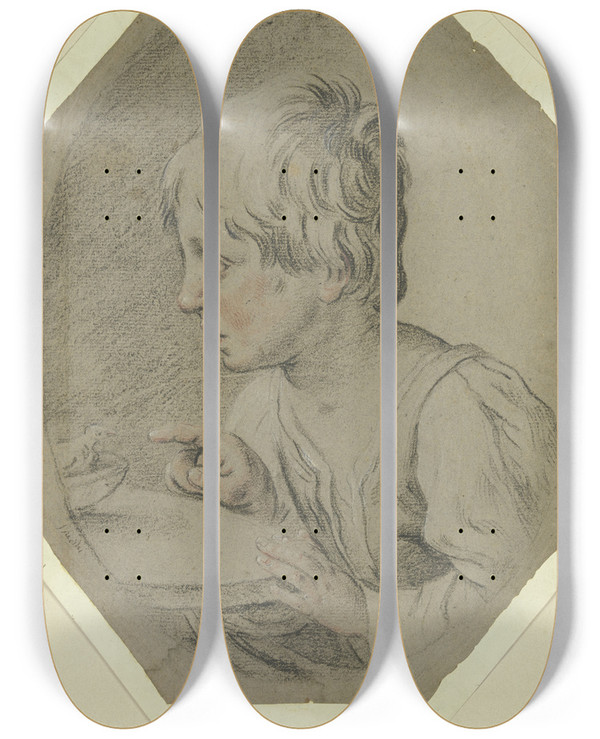 Triptych art skateboard deck of Giuseppe Ghedini Boy With Bird by Giuseppe Ghedini
