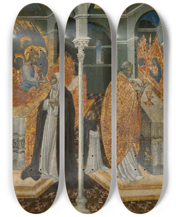 Triptych art skateboard deck of Giovanni Di Paolo The Miraculous Communion Of Saint Catherine Of Siena by Giovanni Paolo Spadino (1403-1482)